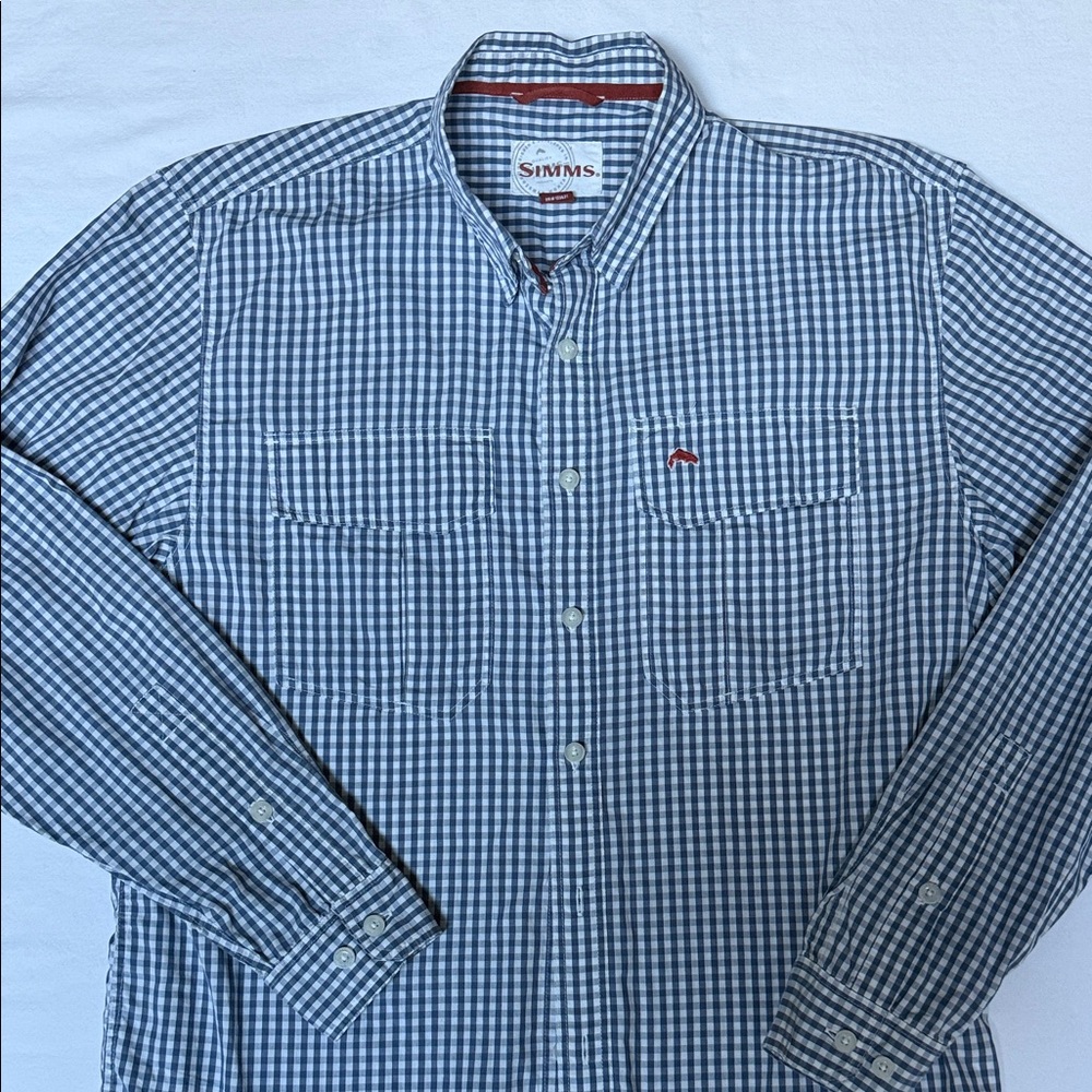 Simms Men's Blue White Gingham Long Sleeve Fishing Button Up Shirt Size M